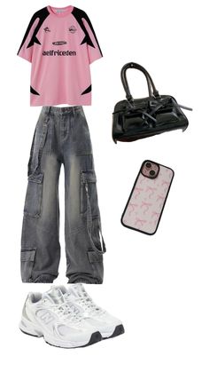 a pink shirt, jeans and handbag are on display