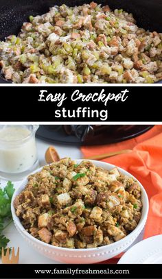 two pictures with the words easy crockpot stuffing in them