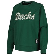 Cooler weather calls for the comfy fit and feel of this Regina sweatshirt from DKNY Sport. It features a repeating pattern on the Milwaukee Bucks graphics and soft material in a team color. Raglan sleeves also allow you to move your arms more freely in this Milwaukee Bucks pullover. Crew neck Embroidered fabric applique Pullover French terry lining Officially licensed Machine wash, tumble dry low Material: 60% Cotton/40% Polyester Raglan sleeves Imported Long sleeve Brand: DKNY Sport Midweight s Collegiate Long Sleeve Green Tops, Green Collegiate Long Sleeve Tops, Collegiate Green Long Sleeve Tops, Green Long Sleeve Fan Apparel Top, Green Tops For Game Day In Winter, Milwaukee Bucks Logo, Bucks Logo, Sports Merchandise, Raglan Pullover