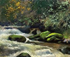 a painting of a river with rocks and trees in the background