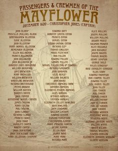 a poster with the names and dates for mayflower