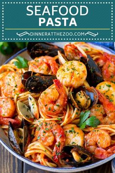 seafood pasta with shrimp and mussels in a pan