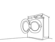 a line drawing of a washing machine with the door open to show it's front load