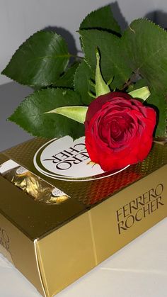 a red rose sitting on top of a golden box next to green leaves and chocolates