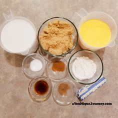 the ingredients are in bowls on the counter for making desserts or pie crusts