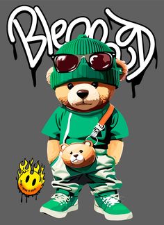 a teddy bear with sunglasses and a green hat is holding a small stuffed animal in his arms