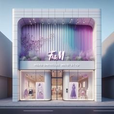 the front facade of a clothing store with purple and blue lights on it's windows