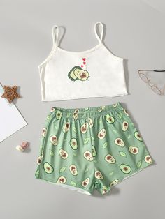 Multicolor Cute Collar Sleeveless  Cartoon,Heart Short Sets Embellished Medium Stretch  Tween Girls Clothing Clothes For 10 Years Old Girl, Cute Summer Pajamas, Cartoon Avocado, Shorts For Girls, Cute Pjs, Cartoon Heart, Cute Sleepwear, Cute Pajama Sets