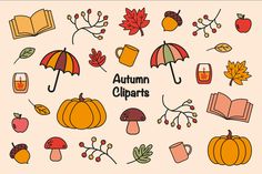 an autumn clipart set with pumpkins, apples, leaves and books