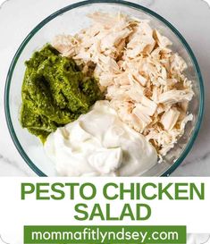 the ingredients for pesto chicken salad in a glass bowl