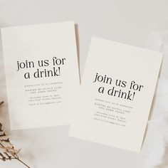 two cards with the words join us for a drink written in black ink on them