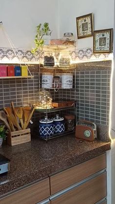 a kitchen counter with various items on it