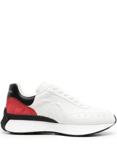 white/red/black calf leather smooth grain suede panelling embossed logo to the side logo-print tongue perforated embellishment round toe front lace-up fastening padded ankle contrasting branded heel counter branded leather insole chunky rubber sole Red Low-top Sneakers With Embossed Logo, Designer Sports Sneakers With Red Sole, Sporty White Calf Leather Sneakers, White Calf Leather Sporty Sneakers, White Leather High-top Sneakers With Branded Heel, Designer Sneakers With Red Sole For Sports, Red Leather High-top Sneakers With Perforations, Calf Leather Sneakers With Red Sole, Leather Sneakers With Perforations Medium Fit