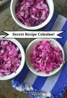 two white bowls filled with red cabbage on top of a blue and white towel