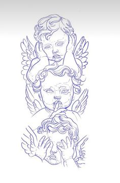 two angels are depicted in blue ink on white paper, one is holding the other's head