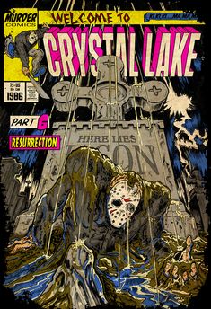 an image of a cover for a horror movie with the words, welcome to crystal lake