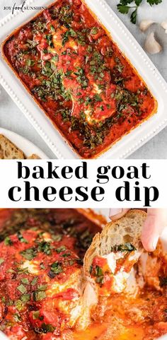 baked goat cheese dip in a white casserole dish