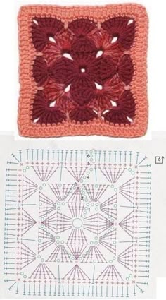 two crocheted squares are shown next to each other, one is red and the other is pink