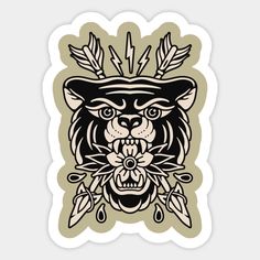 a sticker with an image of a tiger wearing a hat and feathers on it's head