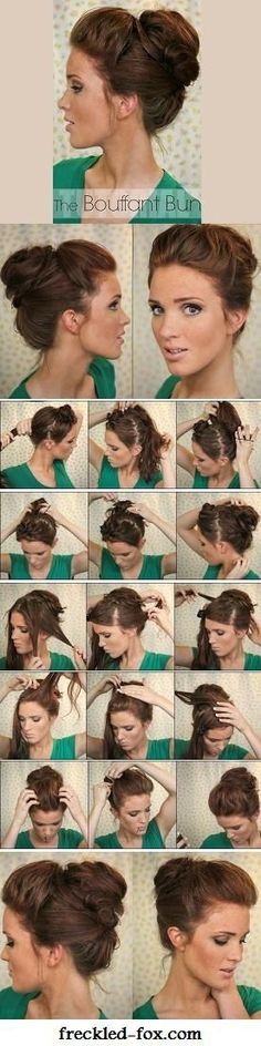 Bouffant buns. | This is from :  19 Pinterest Projects Ain't Nobody Got Time For , However, I don't think it looks too terribly hard and could be modified to be more time sensitive. Easy Updo Hairstyles Tutorials, Bouffant Bun, Sanggul Modern, Updo Hairstyles Tutorials, Skirt Diy, Easy Updo Hairstyles, Easy Bun Hairstyles, Hair Bun Tutorial, Fishtail Braid