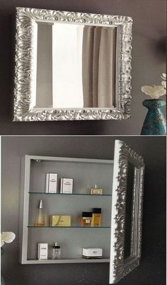 two pictures of the same mirror and shelf