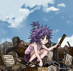 an anime character kneeling on top of a pile of junk