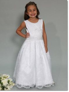 First Communion Dress, Embroidered Organza, Long Length, Headpiece