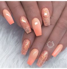 French Manicure Short Nails, Peach Acrylic Nails, Peach Nails, Ombre Nails Glitter, Ombre Nail Designs, Summer Acrylic Nails, Glitter Acrylics, Nail Designs Glitter, Orange Nails