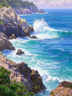 an oil painting of waves crashing on rocks near the ocean with blue water and green trees