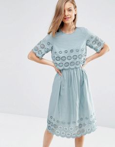 ASOS | ASOS Double Layer Broderie Midi Dress at ASOS Modest Midi Dress, Blue Cotton Dress, Cool Winter, Dresses Green, Midi Dress Style, China Dress, High Quality Dress, Women Midi, Spring Summer Dress