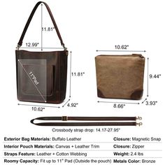 FEATURES Durable Crossbody Bag: This bucket handbag is made of durable BUFFALO leather Convertible Tote Bag: comes with adjustable straps (14.17"-27.95") & 1 detachable strap (11.8") switch your bag to hand carry/shoulder/crossbody bag Functional Shoulder Bag: 1 x Front Open Pocket, 1 x Interior Main Compartment, 1 x removable pouch Humanized Design: Magnetic Closure & foam-padded cushion bottom protect: Size of bag: 12.99(Upper L) x 10.62(Bottom L) x 4.92(W) x 11.81(H)inch Size of pouch:10.62(U Everyday Use Hobo Bag With Detachable Strap, Everyday Bucket Hobo Bag With Detachable Strap, Everyday Hobo Bag With Detachable Handle In Bucket Shape, Bucket Shape Satchel With Detachable Handle For Everyday Use, Everyday Satchel With Detachable Handle And Bucket Shape, Everyday Use Bucket Shaped Satchel With Detachable Handle, On-the-go Bucket Shoulder Bag, On-the-go Bucket Shape Shoulder Bag, Everyday Use Satchel With Adjustable Strap