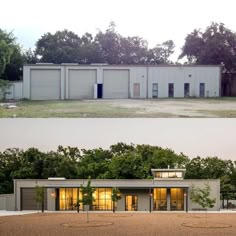 before and after photos of a building with garages on the outside, then inside