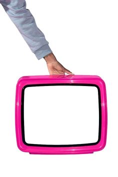 a person is holding a pink television in the air with their hand on top of it