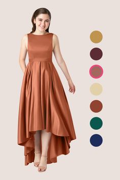 a woman in a brown dress standing next to color swatches and the image shows different colors