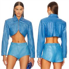 Lamarque Brielle Cropped Leather Jacket + Annaise Hot Shorts Set In Faded Jean Blue This Stylish And Daring Jacket Features A Shirt Collar And Cropped Length, Making It A Versatile Addition To Any Wardrobe. Welt Zip Pocket At Chest Round Front Hemline Front Zip Closure Snap Cuffs Shell: Supple, 100% Lamb Leather Lining: 97% Polyester, 3% Spandex Introducing The Annaise Leather Hot Shorts, The Ultimate Statement Piece For The Bold And Fashion-Forward Woman. The Soft Leather Hugs Your Curves While Hot Leather Jacket, Cropped Leather Jacket, Hot Shorts, Shorts Set, Shirt Collar, Colored Jeans, Blue And Silver, Short Sets, Soft Leather