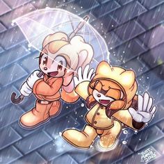 two cartoon characters holding an umbrella in the rain