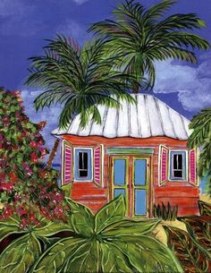 a painting of a red house surrounded by palm trees and other tropical plants on a blue sky day