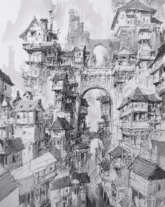 black and white drawing of an old city