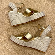 Gorgeous Metallic Gold Jimmy Choo Wedges. Platform 1”. Heel 4.25”. Heel Is Metallic Gold And Ivory Woven Espadrille. Ankle Buckle. Nwot. Dust Bag Included. Jimmy Choo Gold, Gold Cream, Jimmy Choo Shoes, Cream And Gold, Womens Shoes Wedges, Metallic Gold, Jimmy Choo, Gold Metal, Espadrilles