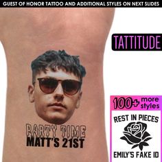 a tattoo with an image of a man wearing sunglasses