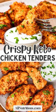 crispy keto chicken tenders on a plate with ranch dressing