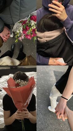 a collage of photos with flowers and people sitting on the ground, one holding a bouquet