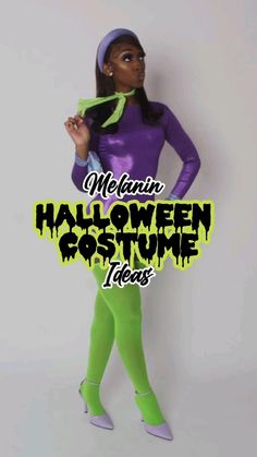 a woman dressed in purple and green is posing for a halloween costume ad with the words meann'n halloween costume ideas