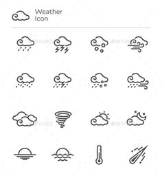 the weather icon set is shown in black and white, including clouds, rain, and sun