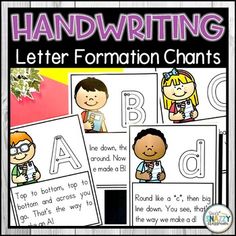 handwriting and letter formation worksheets with pictures on the front, two children are writing letters