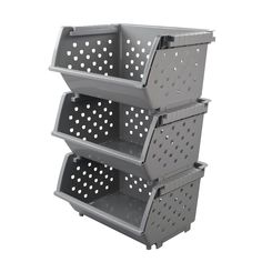 three plastic storage bins stacked on top of each other with holes in the middle