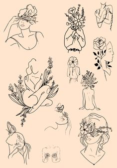 black and white drawings of women with flowers