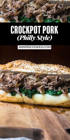 crockpot pork philly style sandwich with cheese and spinach on it, sitting on a cutting board