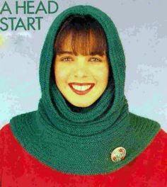 a woman wearing a green knitted hood and smiling at the camera with text overlay