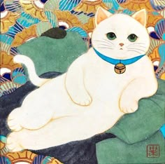 a painting of a white cat laying on top of a blue and green pillow with a bell around it's neck